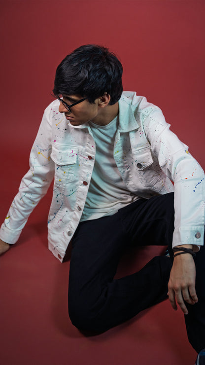 White Painted Denim Men'S Jacket Rustlines