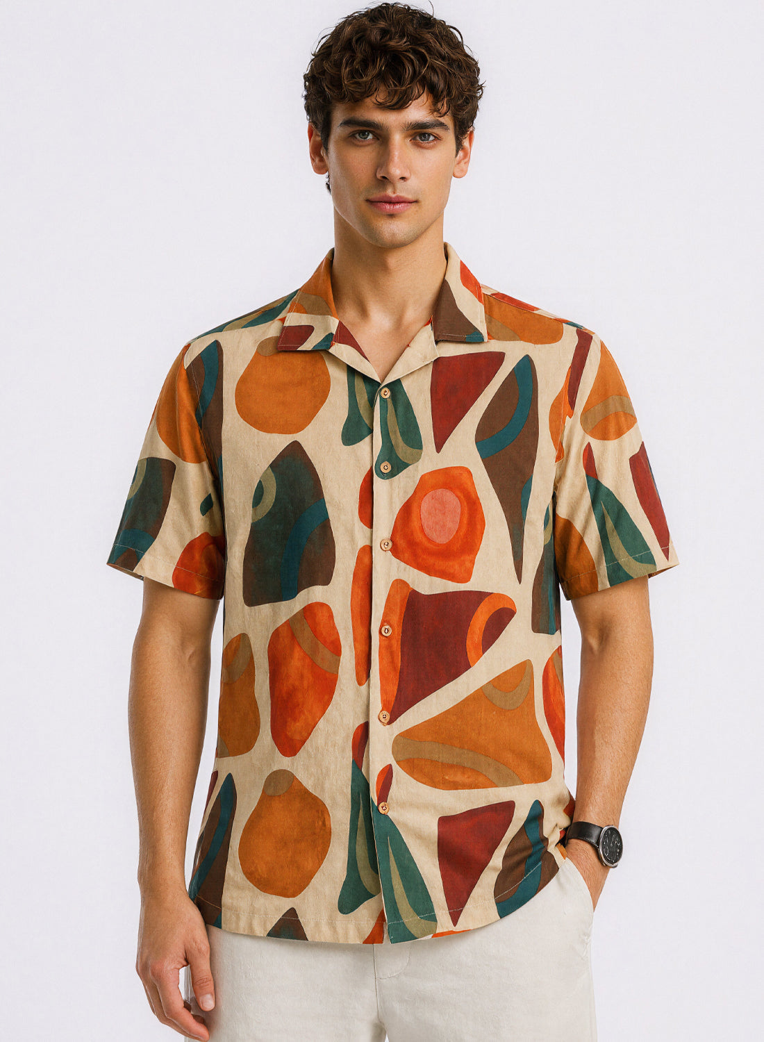 Adro Men’s Relaxed Fit Cuban Collar Cotton Linen Terra Mosaic Printed Shirt Terracotta Multi