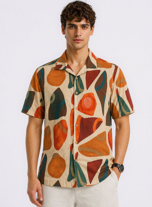 Adro Men’s Relaxed Fit Cuban Collar Cotton Linen Terra Mosaic Printed Shirt Terracotta Multi
