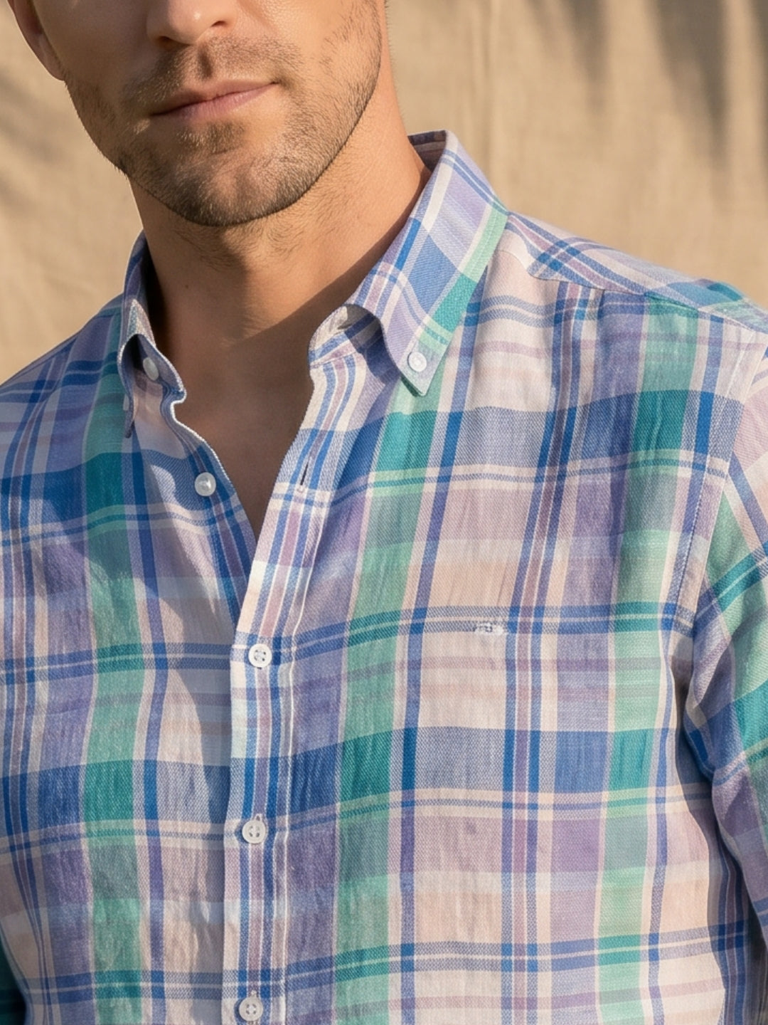 Regular Fit Blue Linen Checked Casual Shirt for Men (LITVA)