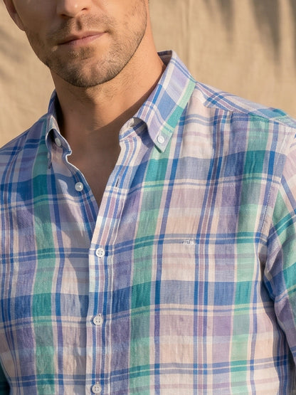 Regular Fit Blue Linen Checked Casual Shirt for Men (LITVA)