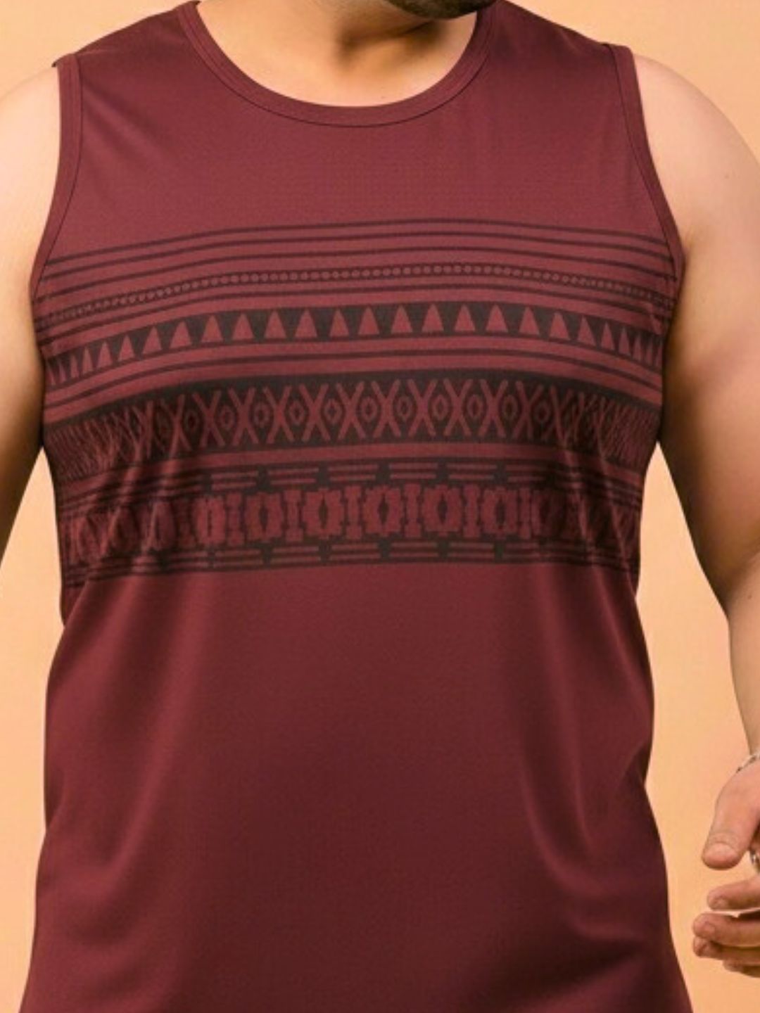 Men Cotton Sleeveless Maroon Melange Printed Round Neck GYM T-Shirt