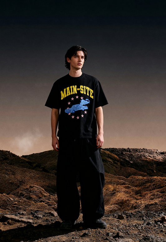 Main Site Summer Printed Oversized Black T-Shirt Main Character