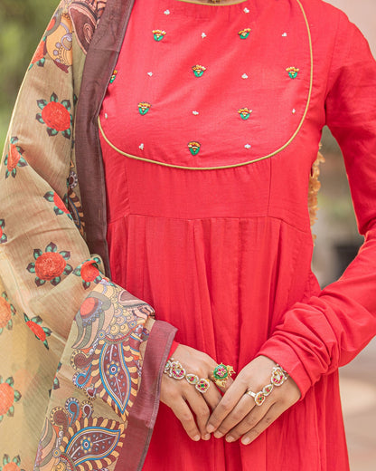Red & Green Kalamkari Suit Set