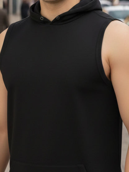 Men Cotton Solid Print Black Sleeveless Hooded Kangaroo Pocket Sports T-shirt