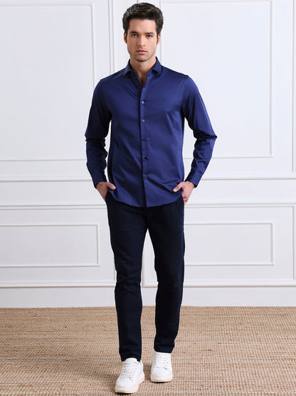 Navy Blue Regular Fit Solid Casual Satin Shirt for Men (BENITO)