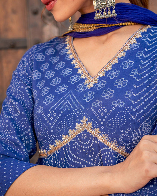 Blue Bandhej & Sequin Sharara Set