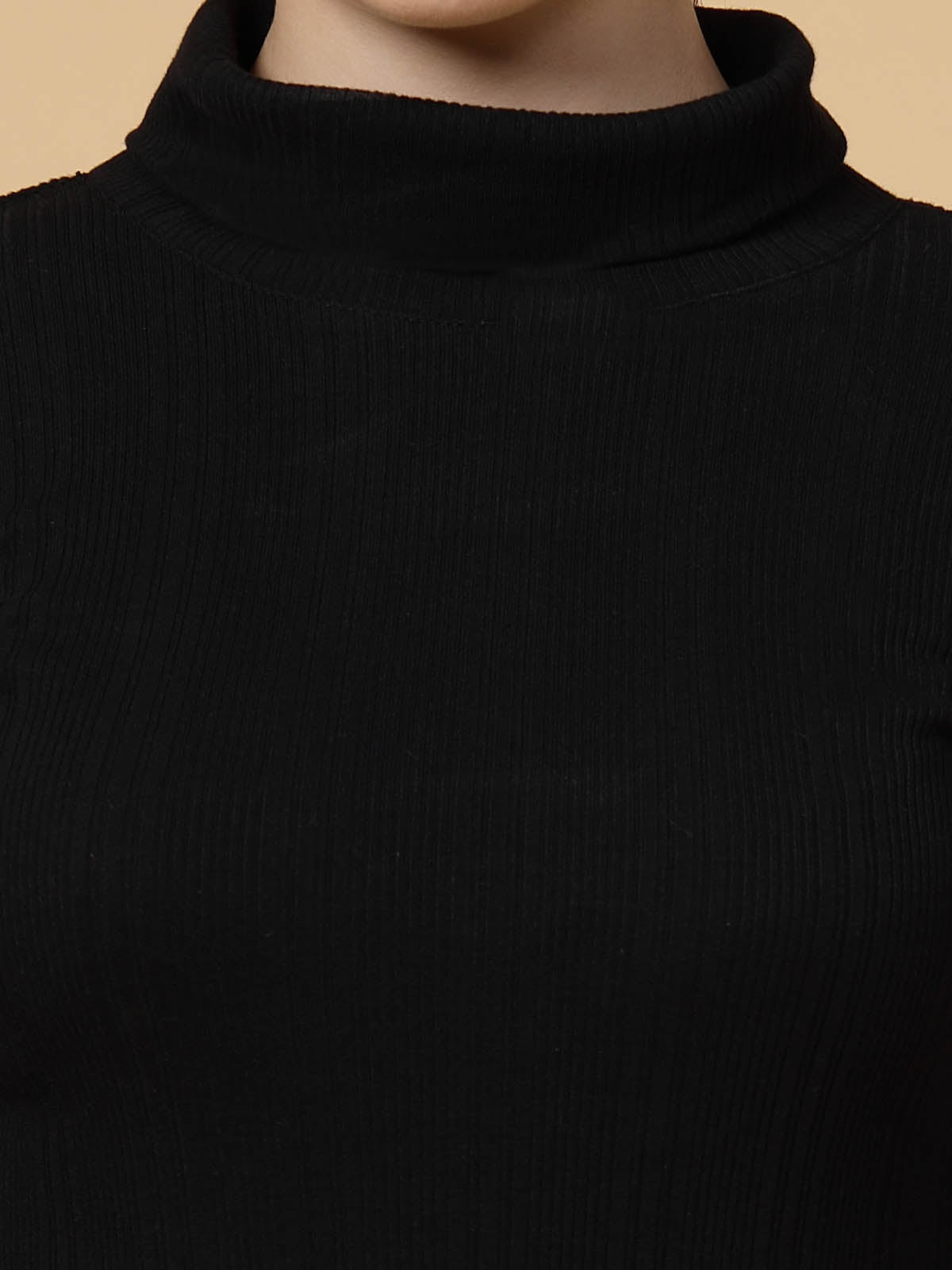 Women Black Cotton High Neck Long Sleeve Slim Fit Side Slit Midi Dress