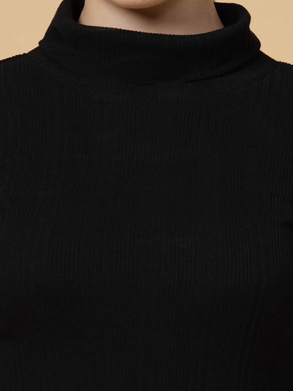 Women Black Cotton High Neck Long Sleeve Slim Fit Side Slit Midi Dress