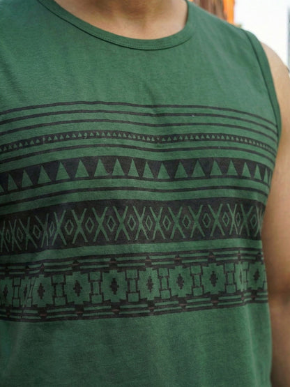 Men Round Neck Bottle Green Printed Cotton Sleeveless Training T-Shirt