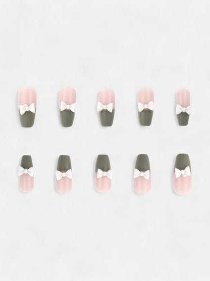 The  Block Bow Press-On Nails - Olive Green