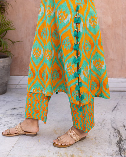 Orange Contrasting Ikat Kurta Set