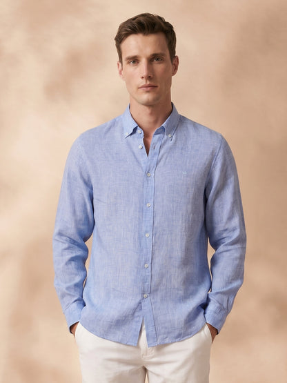 Regular Fit Blue Linen Solid Casual Shirt for Men(LARIA)
