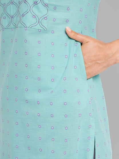 Women Sea Green Kurta With Embroidered Yoke Krya