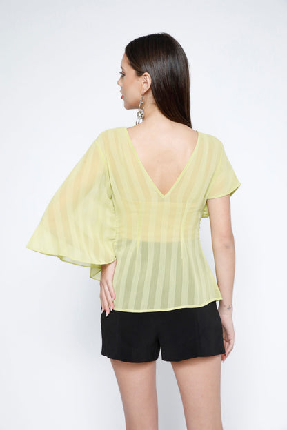 Pleated Stripe Chiffon Layered Top - Sunny Lime