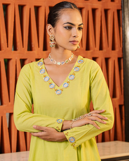Parrot Green Mirror Work Kurta Set