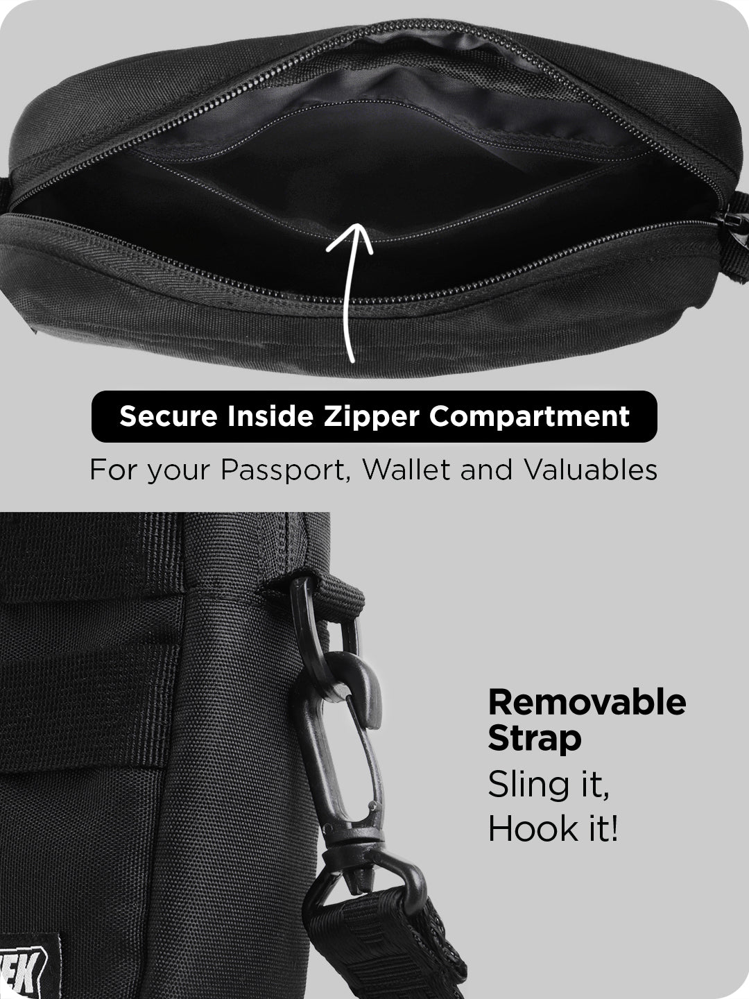 Supervek "Messenger" bag showing secure inner zipper compartment and detachable adjustable shoulder strap