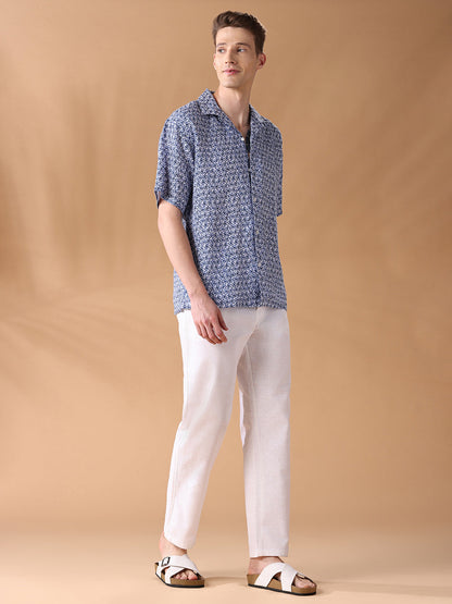 Navy Blue Regular Fit Printed Casual Shirt for Men (ALUAR)