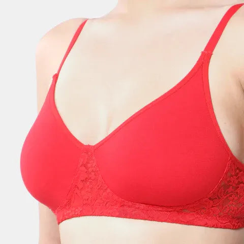 Red t shirt lace bra Envie non wired non padded 3/4th coverage seamless lace bra invisible under clothes daily wear