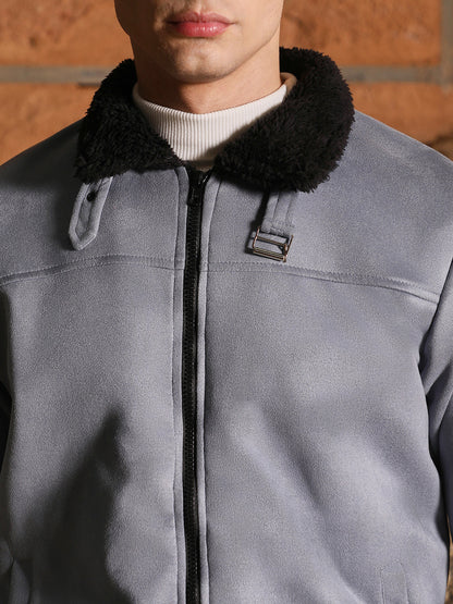 Fur-Lined Suede Bomber Jacket