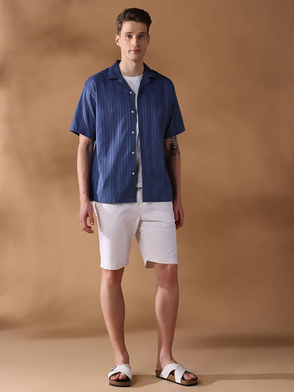 Navy Blue Regular Fit Stripes Casual Shirt for Men (NAZAR)