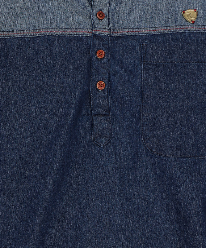 Kuons Avenue Men's Blue Indigo Denim Colorblock Tailored Fit Short Kurta