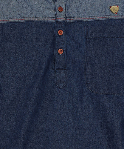 Kuons Avenue Men's Blue Indigo Denim Colorblock Tailored Fit Short Kurta