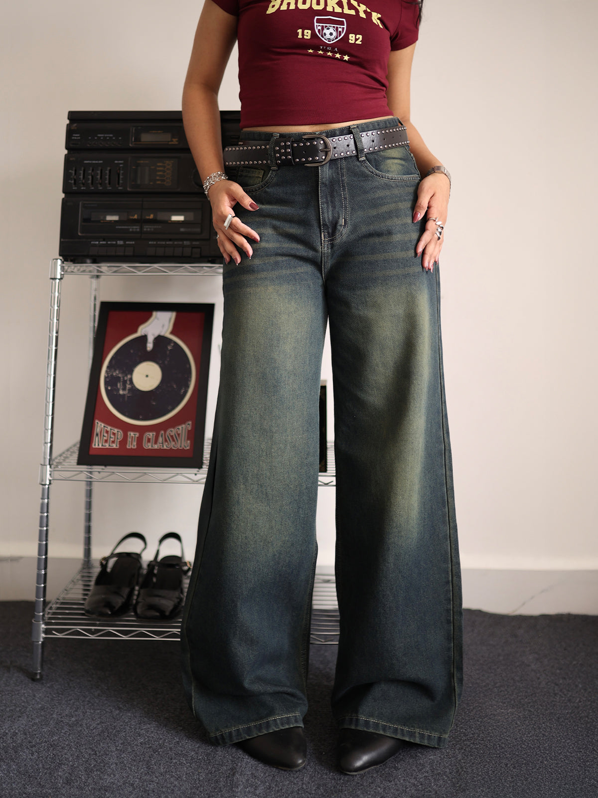 80s Grunge Streetwear Blue Tinted Wide Leg Jeans