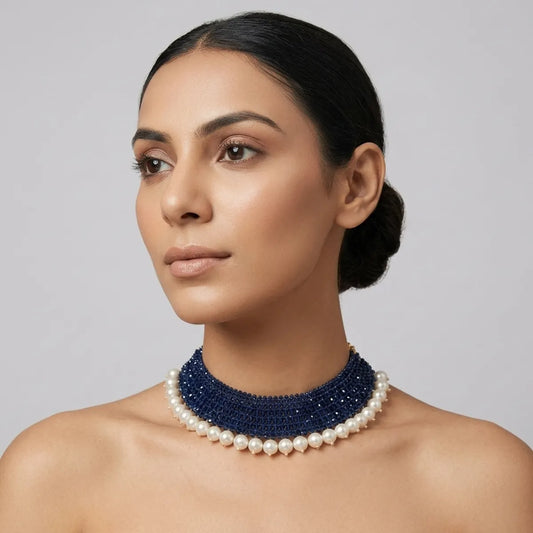 Blue Crystal Beaded Pearl Border Choker Necklace For Women
