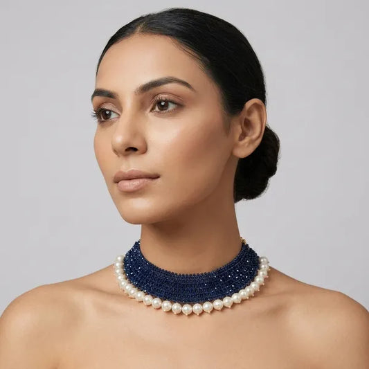 Blue Crystal Beaded Pearl Border Choker Necklace For Women