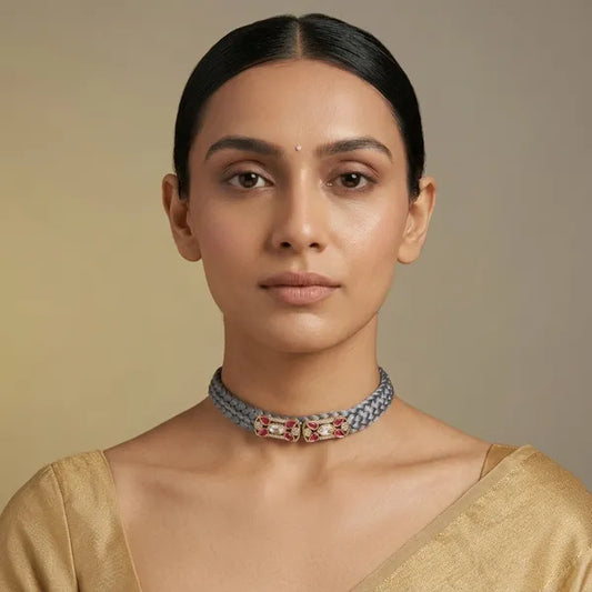 Grey Fabric Kundan Polki Ruby Stone Choker Necklace For Women