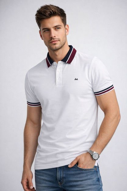 White Polo with Red Stripe Collar