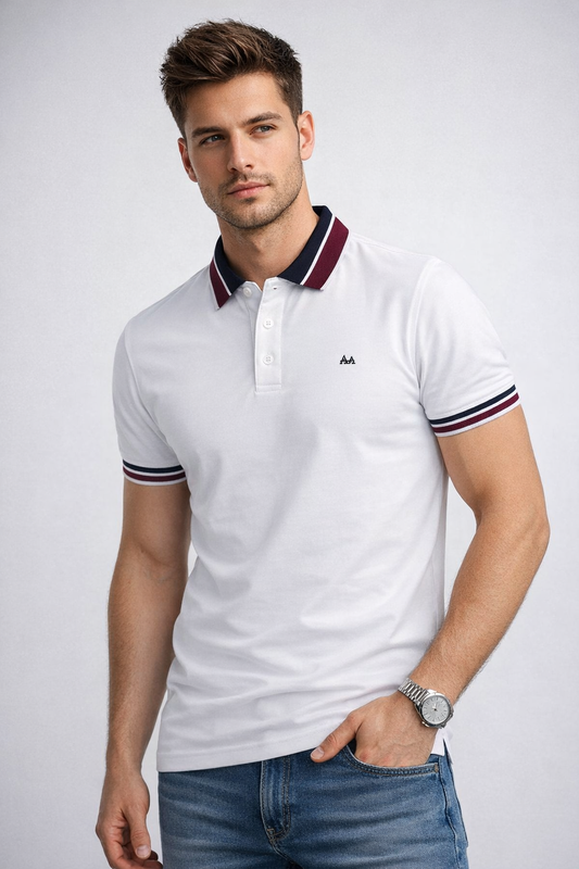 White Polo with Red Stripe Collar