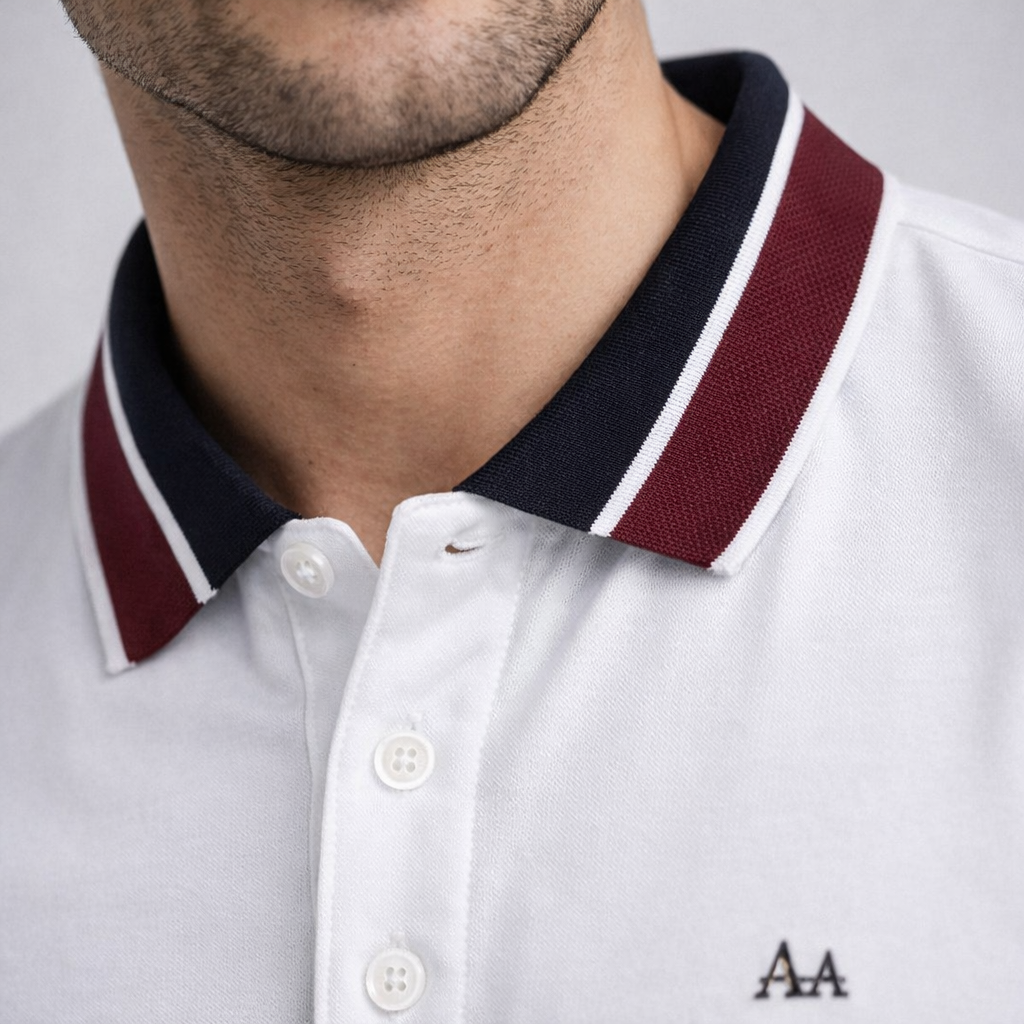 White Polo with Red Stripe Collar