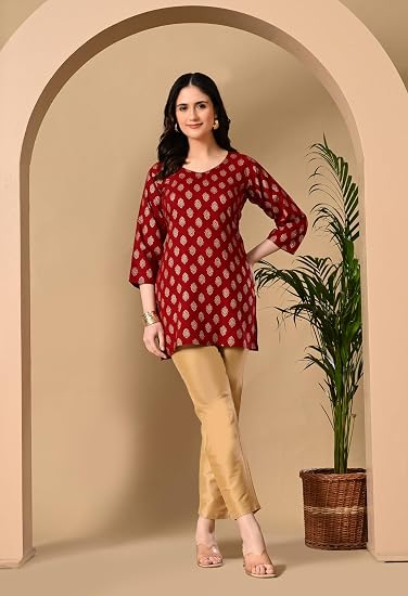 Rayon Cotton  Short Kurtis for Ladies-Red