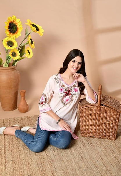 LIBOZA Embroidered Kashmiri Tunic Top, Short Kurti for Women on Jeans, V-Neck, 3/4 Sleeve, Floral Design,