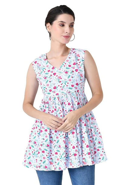 LIBOZA Peplum Cotton Tops for Woman, Stylish Sleeveless Short Kurti for Women on Jeans, Modern Design Top