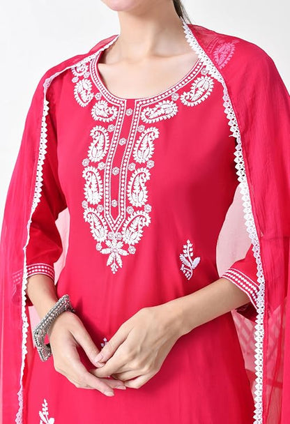 LIBOZA Chikankari Kurta Set for Women, Royon Cotton Straight Design Salwar Suit for Wedding, Diwali & Festival Kurti Pant With Dupatta, Suits Sets for Girls (IN, Alpha, 2XL, PINK)