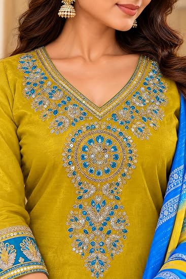 LIBOZA Women Kurta Pant Set with Dupatta Roman Glass Fabric-Yellow