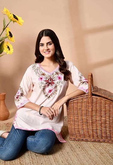 Embroidered Kashmiri Short Kurti -Baby Pink