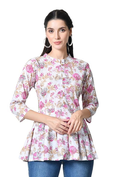 LIBOZA Women's Cotton Floral Print Box Pleated Kurti, Pink