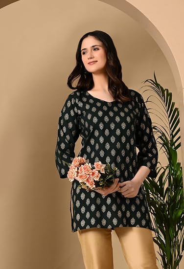 Rayon Cotton  Short Kurtis for Ladies-Green