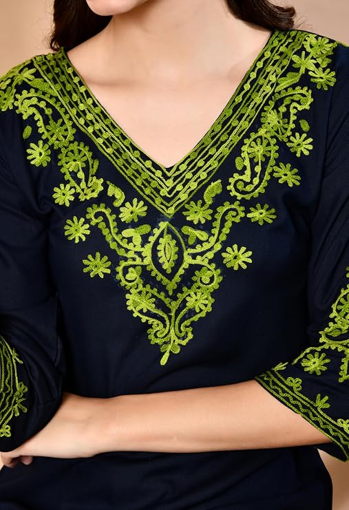 LIBOZA Embroidered Kashmiri Tunic Top, Short Kurti for Women on Jeans, V-Neck, 3/4 Sleeve, Floral Design,