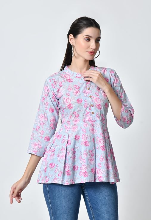 LIBOZA Women's Cotton Floral Print Box Pleated Kurti, Pink
