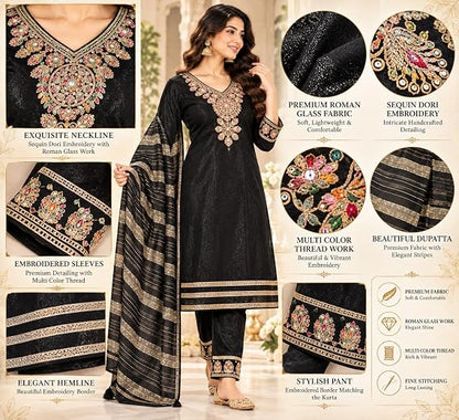LIBOZA Women Kurta Pant Set with Dupatta Roman Glass Fabric-Black