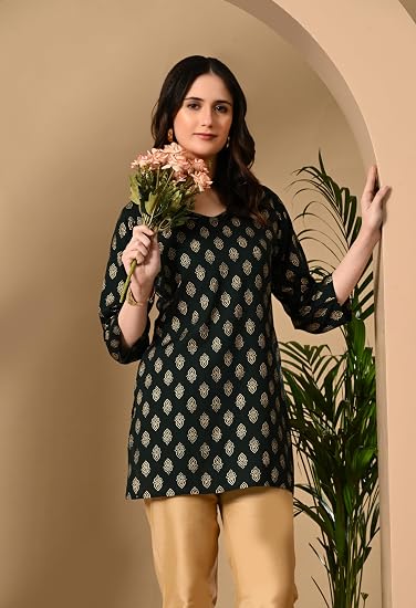 Rayon Cotton  Short Kurtis for Ladies-Green