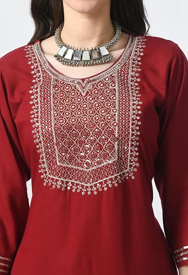 Embroidered Straight Design Kurtis for Woman-Red