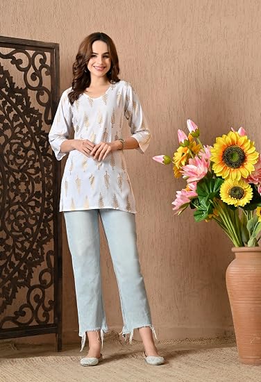 Gold printed Short Kurti for Women-White