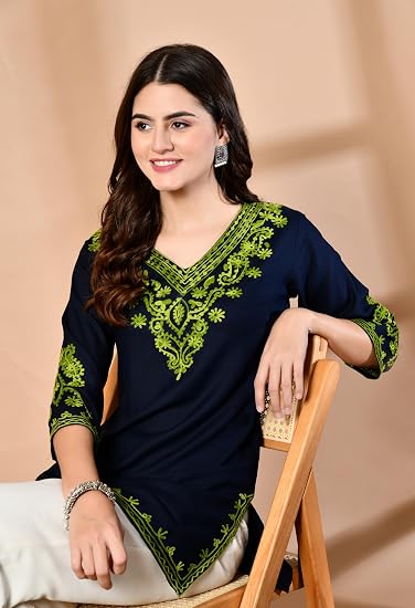 Embroidered Kashmiri Short Kurti -Navy Blue