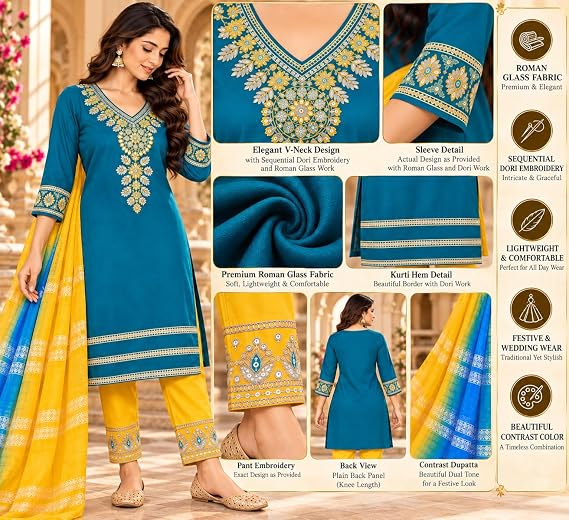 LIBOZA Women Kurta Pant Set with Dupatta Roman Glass Fabric-Teal